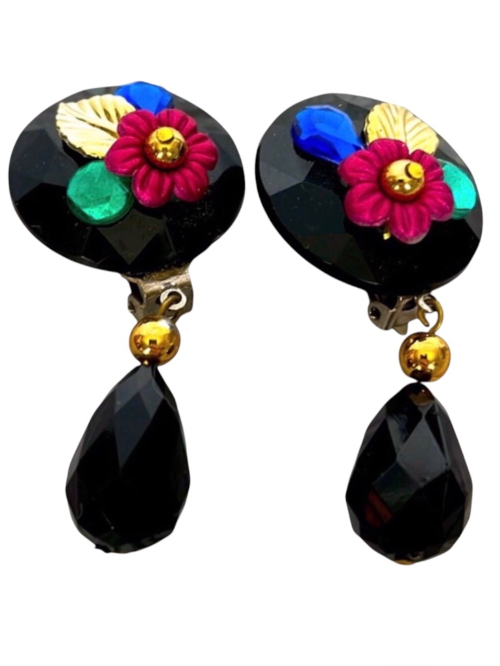 Vintage Clip Earrings. Black disc floral accents